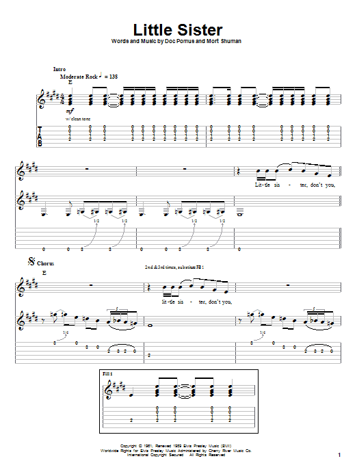 Learn to play Elvis Presley Little Sister sheet music for Guitar Tab in minutes. Elvis Presley Little Sister sheet music preview music notes and score for Guitar Tab including 6 page(s)
