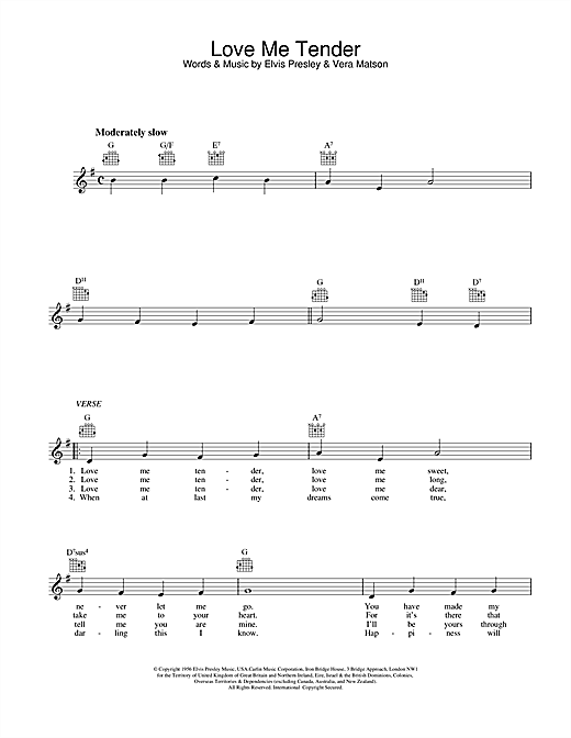 Learn to play Elvis Presley Love Me Tender sheet music for Melody Line, Lyrics & Chords in minutes. Elvis Presley Love Me Tender sheet music preview music notes and score for Melody Line, Lyrics & Chords including 2 page(s)