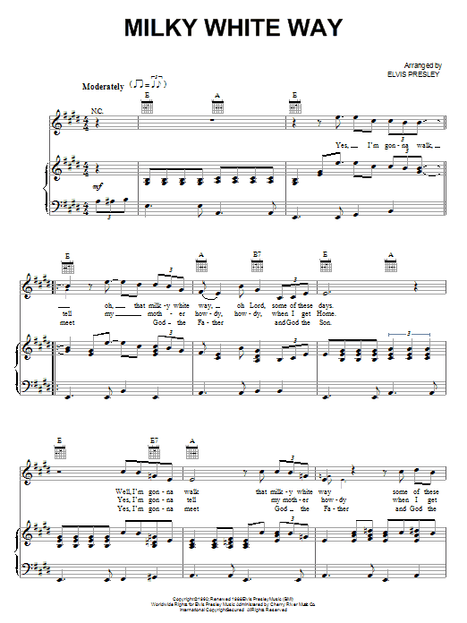 Learn to play Elvis Presley Milky White Way sheet music for Piano, Vocal & Guitar (Right-Hand Melody) in minutes. Elvis Presley Milky White Way sheet music notes and chords