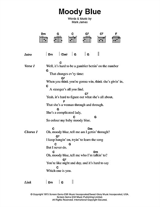 Learn to play Elvis Presley Moody Blue sheet music for Lyrics & Chords in minutes. Elvis Presley Moody Blue sheet music preview music notes and score for Lyrics & Chords including 3 page(s)