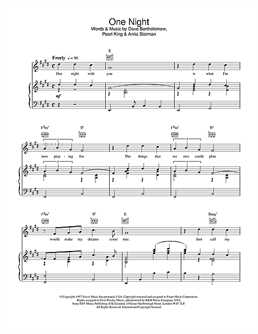 Learn to play Elvis Presley One Night sheet music for Piano, Vocal & Guitar (Right-Hand Melody) in minutes. Elvis Presley One Night sheet music notes and chords