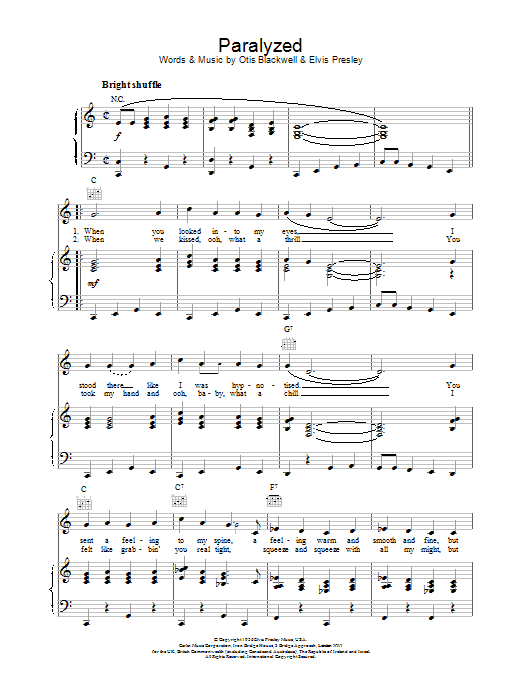 Elvis Presley Paralyzed sheet music preview music notes and score for Lyrics & Chords including 2 page(s)