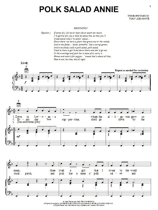 Learn to play Elvis Presley Polk Salad Annie sheet music for Piano, Vocal & Guitar (Right-Hand Melody) in minutes. Elvis Presley Polk Salad Annie sheet music notes and chords