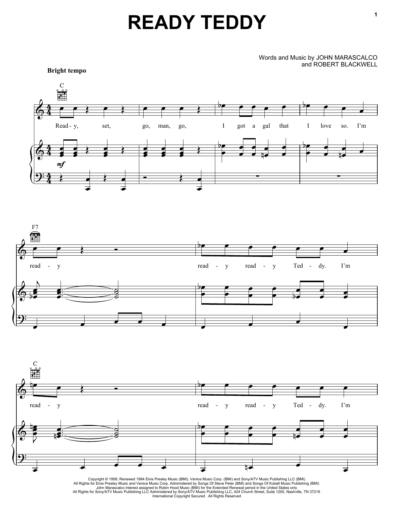 Learn to play Elvis Presley Ready Teddy sheet music for Piano, Vocal & Guitar (Right-Hand Melody) in minutes. Elvis Presley Ready Teddy sheet music preview music notes and score for Piano, Vocal & Guitar (Right-Hand Melody) including 5 page(s)
