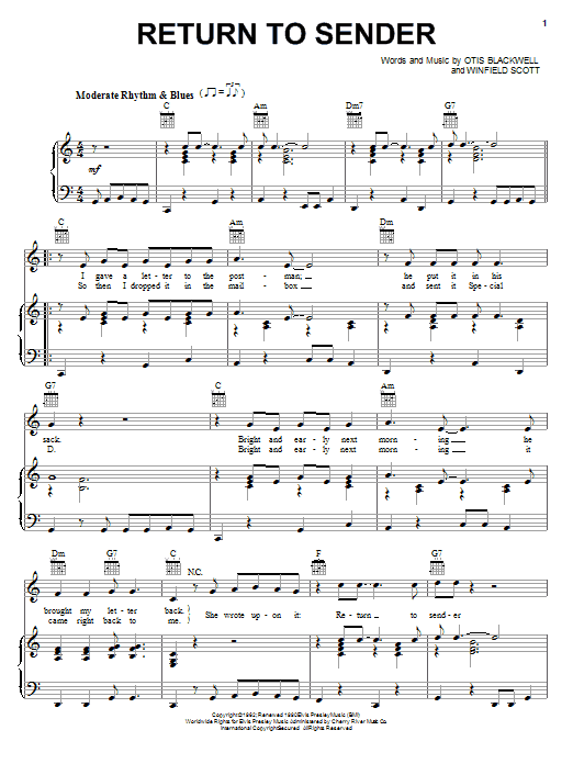 Learn to play Elvis Presley Return To Sender sheet music for Piano, Vocal & Guitar (Right-Hand Melody) in minutes. Elvis Presley Return To Sender sheet music notes and chords