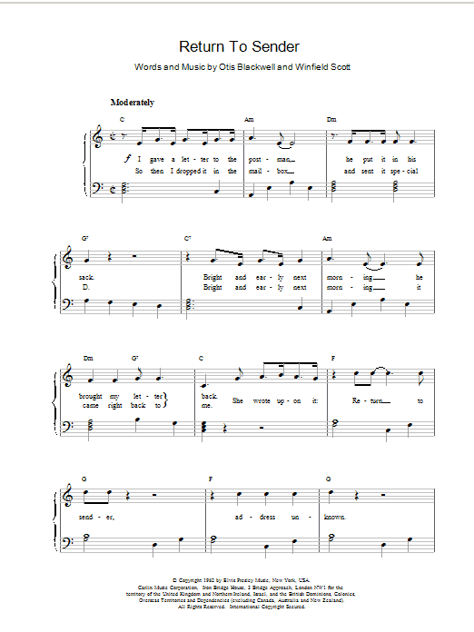Elvis Presley Return To Sender sheet music preview music notes and score for Piano, Vocal & Guitar (Right-Hand Melody) including 3 page(s)