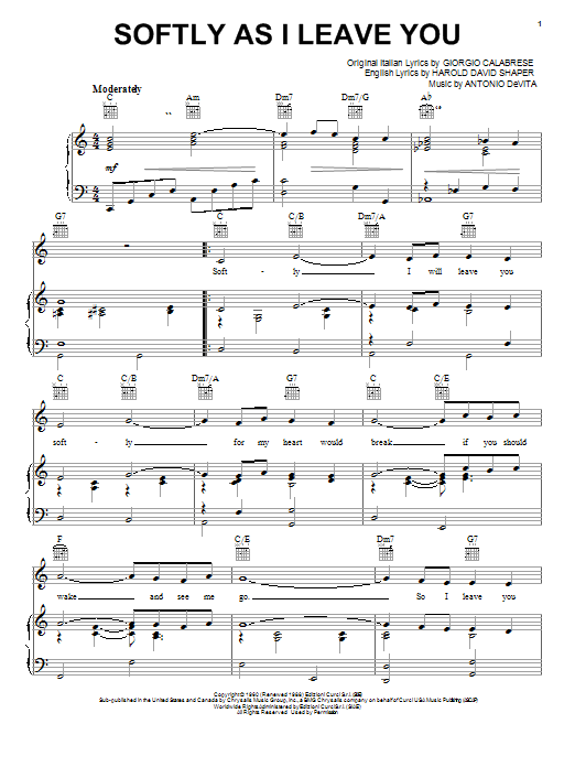 Learn to play Elvis Presley Softly As I Leave You sheet music for Piano, Vocal & Guitar (Right-Hand Melody) in minutes. Elvis Presley Softly As I Leave You sheet music notes and chords