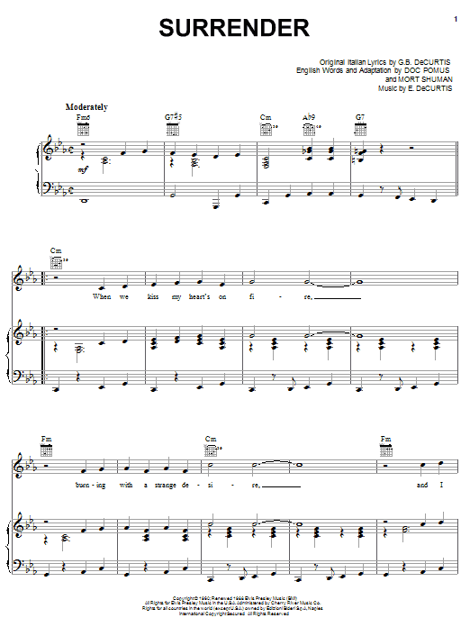 Learn to play Elvis Presley Surrender sheet music for Piano, Vocal & Guitar (Right-Hand Melody) in minutes. Elvis Presley Surrender sheet music notes and chords