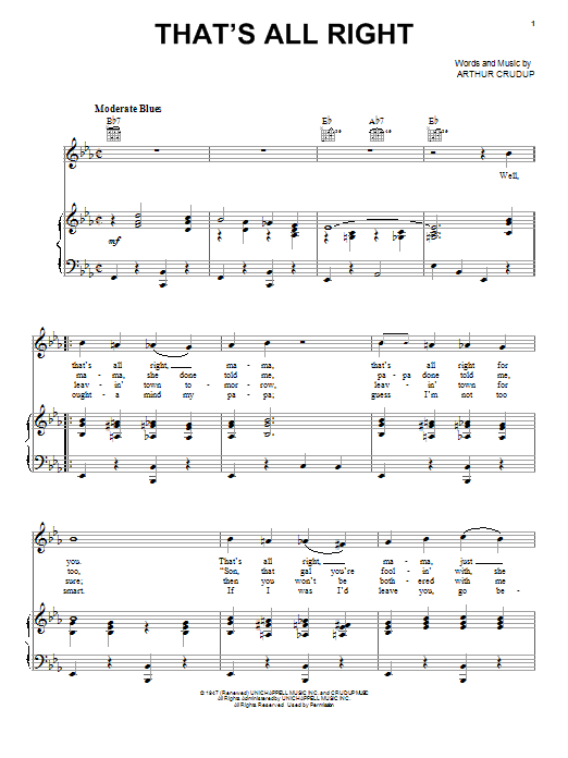 Learn to play Elvis Presley That's All Right sheet music for Piano, Vocal & Guitar (Right-Hand Melody) in minutes. Elvis Presley That's All Right sheet music preview music notes and score for Piano, Vocal & Guitar (Right-Hand Melody) including 2 page(s)