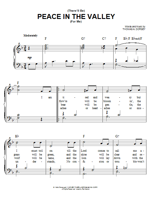 Learn to play Elvis Presley There Will Be Peace In The Valley For Me sheet music for Easy Piano in minutes. Elvis Presley There Will Be Peace In The Valley For Me sheet music preview music notes and score for Easy Piano including 3 page(s)