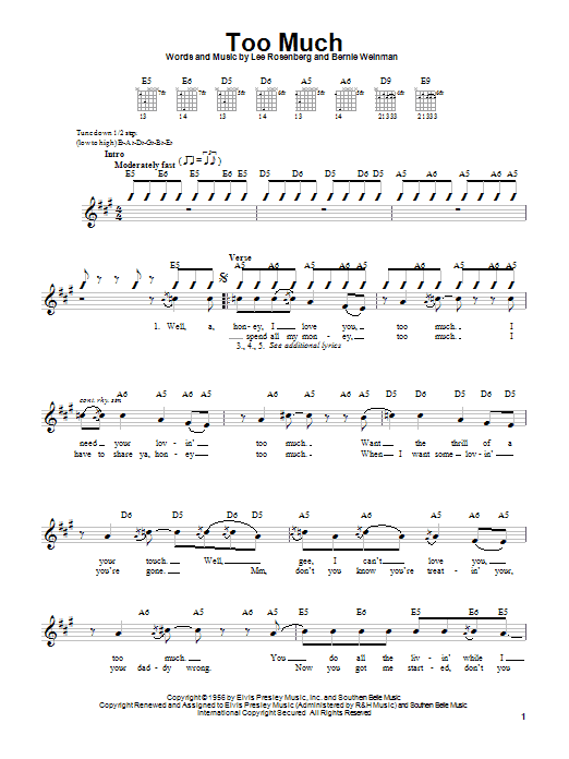 Learn to play Elvis Presley Too Much sheet music for Easy Guitar in minutes. Elvis Presley Too Much sheet music notes and chords