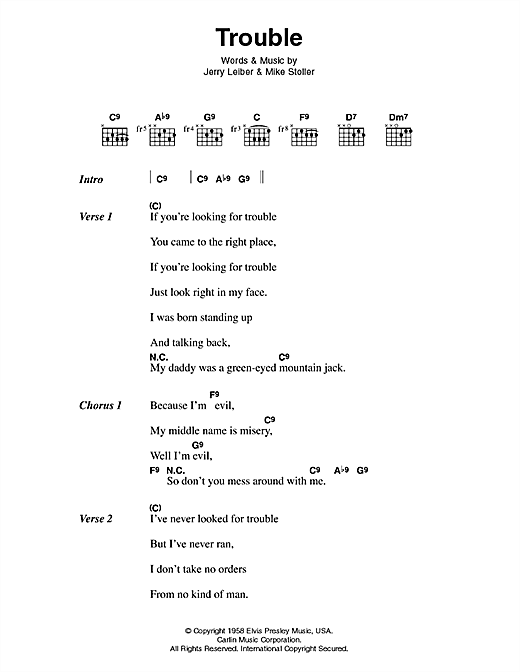 Learn to play Elvis Presley Trouble sheet music for Lyrics & Chords in minutes. Elvis Presley Trouble sheet music preview music notes and score for Lyrics & Chords including 3 page(s)