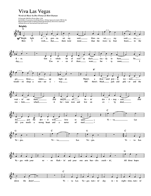 Learn to play Elvis Presley Viva Las Vegas sheet music for Piano, Vocal & Guitar (Right-Hand Melody) in minutes. Elvis Presley Viva Las Vegas sheet music preview music notes and score for Piano, Vocal & Guitar (Right-Hand Melody) including 6 page(s)