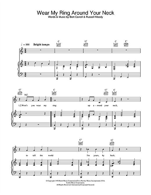 Learn to play Elvis Presley Wear My Ring Around Your Neck sheet music for Piano, Vocal & Guitar (Right-Hand Melody) in minutes. Elvis Presley Wear My Ring Around Your Neck sheet music notes and chords
