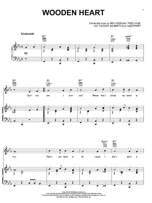 Learn to play Elvis Presley Wooden Heart sheet music for Piano, Vocal & Guitar (Right-Hand Melody) in minutes. Elvis Presley Wooden Heart sheet music notes and chords