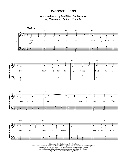 Elvis Presley Wooden Heart sheet music preview music notes and score for Keyboard including 2 page(s)