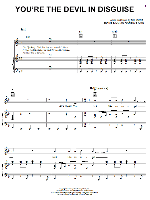 Learn to play Elvis Presley (You're The) Devil In Disguise sheet music for Piano, Vocal & Guitar in minutes. Elvis Presley (You're The) Devil In Disguise sheet music preview music notes and score for Piano, Vocal & Guitar including 3 page(s)