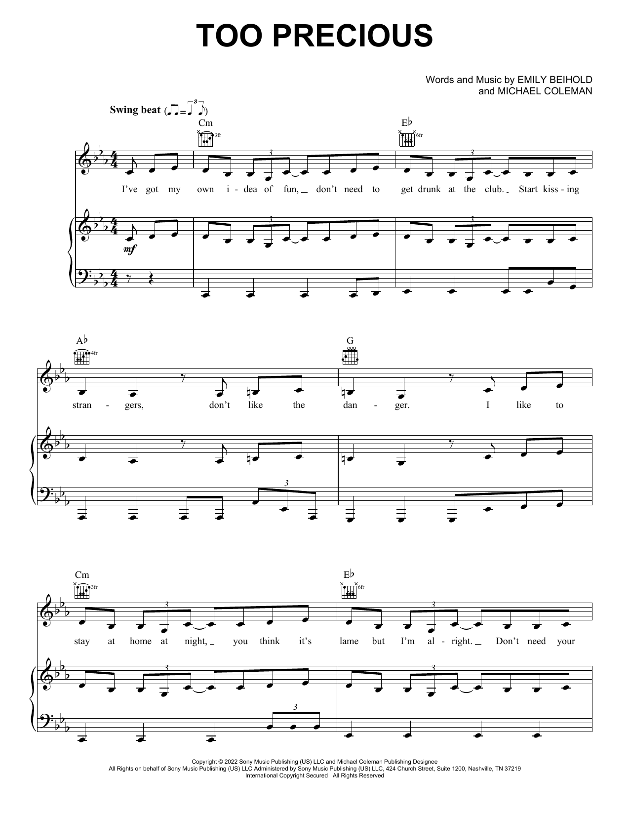 Em Beihold Too Precious sheet music preview music notes and score for Piano, Vocal & Guitar Chords (Right-Hand Melody) including 7 page(s)