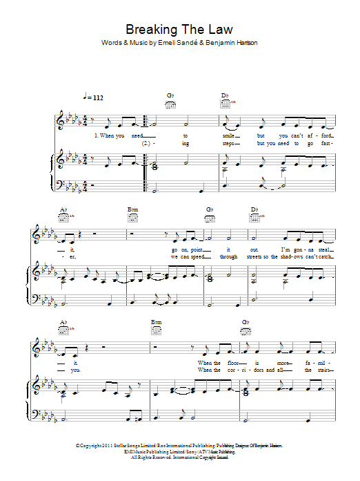 Learn to play Emeli Sandé Breaking The Law sheet music for Piano, Vocal & Guitar (Right-Hand Melody) in minutes. Emeli Sandé Breaking The Law sheet music preview music notes and score for Piano, Vocal & Guitar (Right-Hand Melody) including 4 page(s)