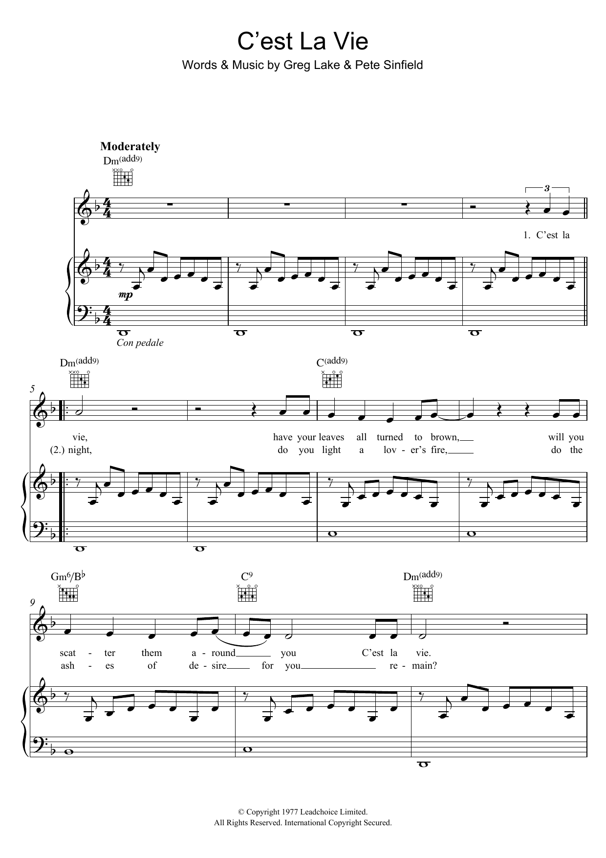Emerson, Lake & Palmer C'est La Vie sheet music, chords, lyrics - Printable PDF for Piano, Vocal & Guitar (Right-Hand Melody)