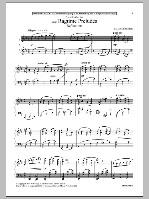 Learn to play Emerson Peters Reflections (from Ragtime Preludes) sheet music for Piano in minutes. Emerson Peters Reflections (from Ragtime Preludes) sheet music preview music notes and score for Piano including 4 page(s)