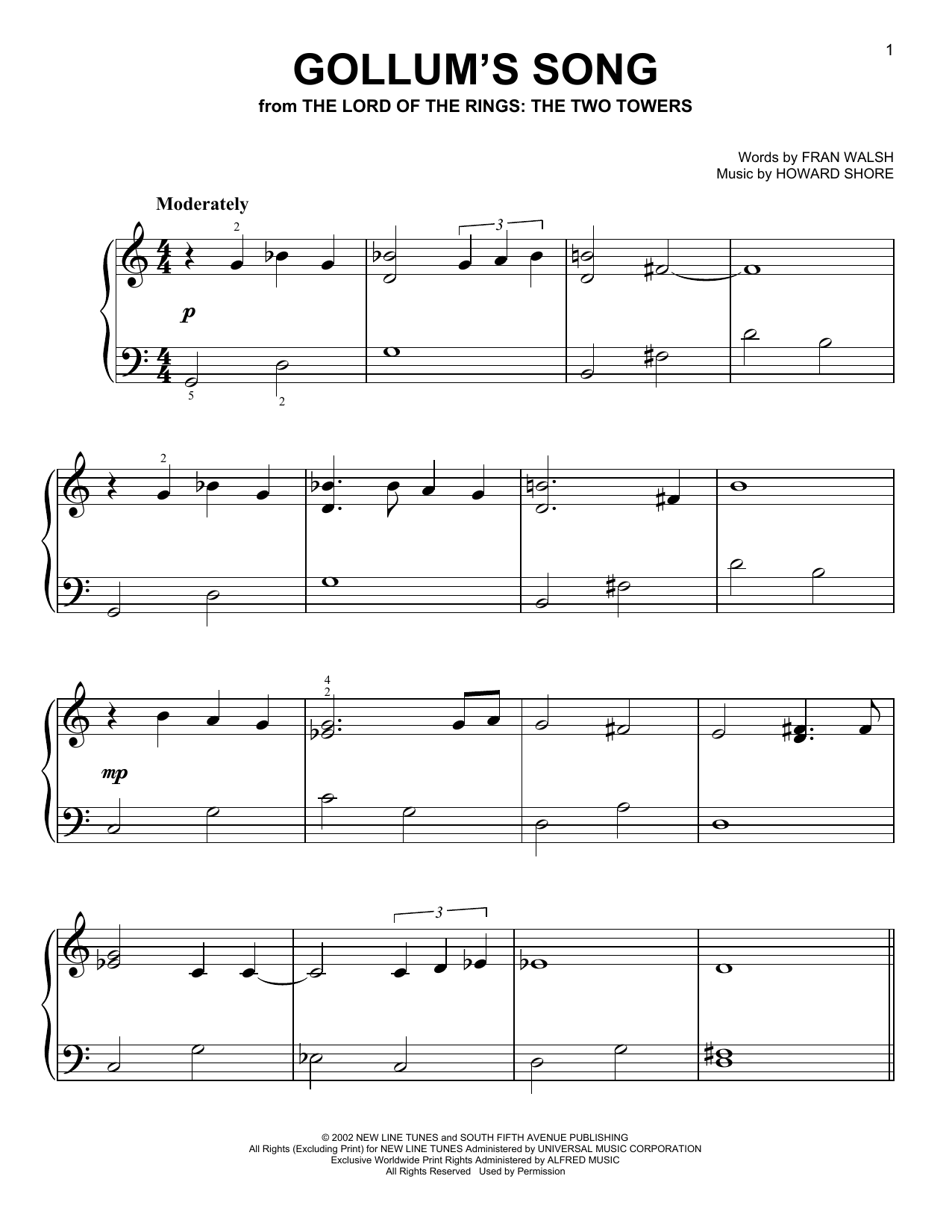 Emilíana Torrini Gollum's Song (from The Lord Of The Rings: The Two Towers) sheet music, chords, lyrics - Printable PDF for Easy Piano