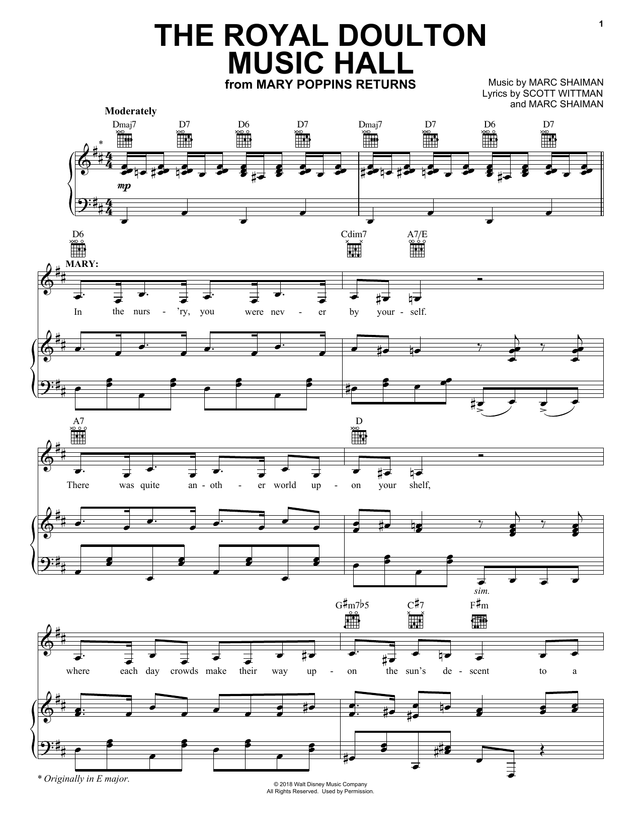 Emily Blunt & Lin-Manuel Miranda The Royal Doulton Music Hall (from Mary Poppins Returns) sheet music, chords, lyrics - Printable PDF for Piano, Vocal & Guitar (Right-Hand Melody)