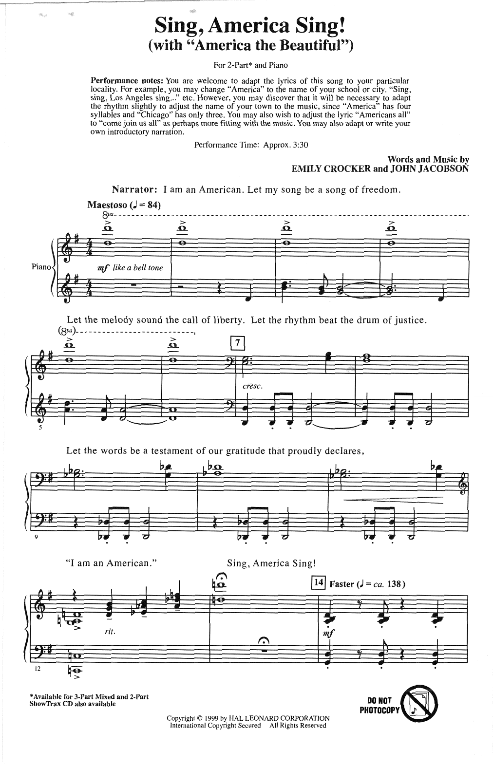 Emily Crocker Sing, America Sing! sheet music, chords, lyrics - Printable PDF for 2-Part Choir