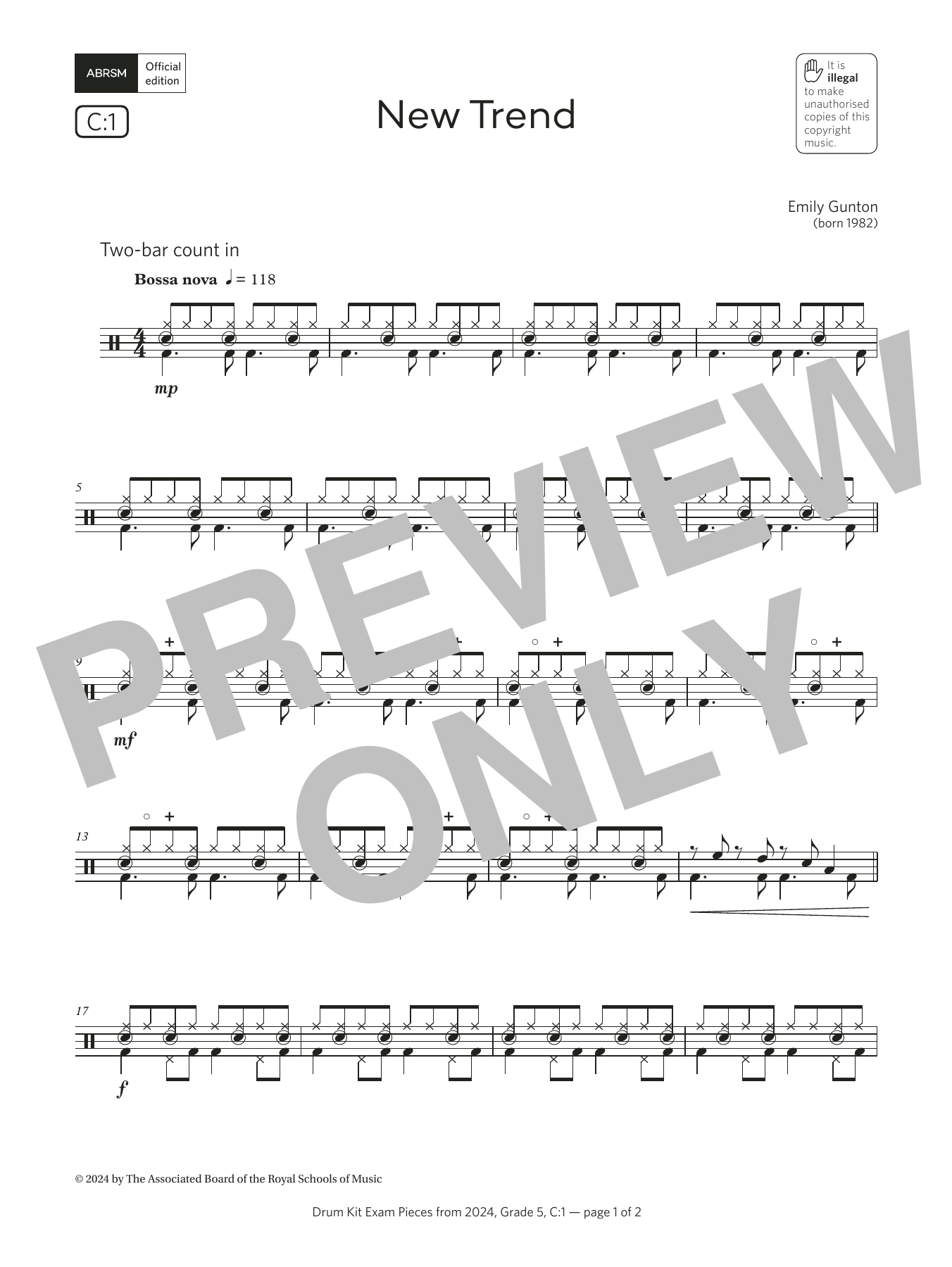 Emily Gunton New Trend (Grade 5, list C1, from the ABRSM Drum Kit Syllabus 2024) sheet music, chords, lyrics - Printable PDF for Drums
