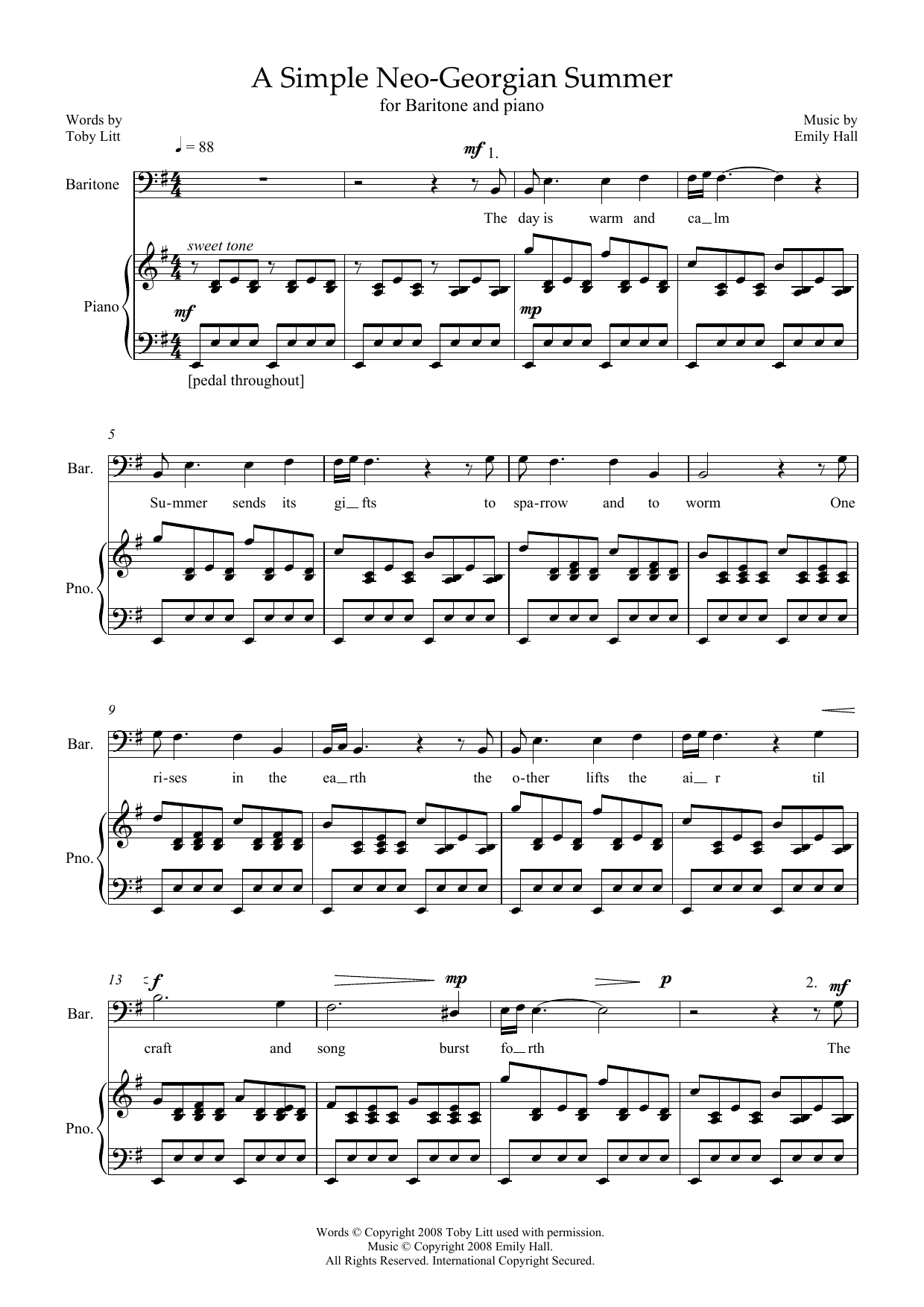Emily Hall A Simple Neo-Georgian Summer (for baritone & piano) sheet music, chords, lyrics - Printable PDF for Piano & Vocal