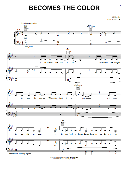 Emily Wells Becomes The Color sheet music, chords, lyrics - Printable PDF for Piano, Vocal & Guitar (Right-Hand Melody)