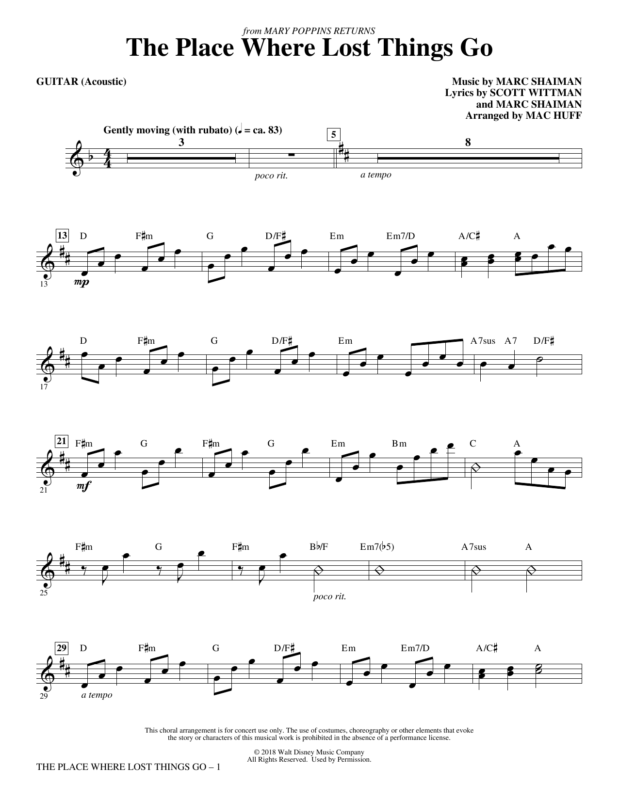 Learn to play Emily Blunt The Place Where Lost Things Go (from Mary Poppins Returns) (arr. Mac Huff) - Guitar sheet music for Choir Instrumental Pak in minutes. Emily Blunt The Place Where Lost Things Go (from Mary Poppins Returns) (arr. Mac Huff) - Guitar sheet music preview music notes and score for Choir Instrumental Pak including 2 page(s)