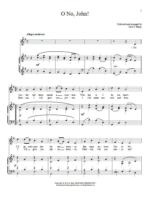 Traditional English Folksong O No, John! sheet music, chords, lyrics - Printable PDF for Piano & Vocal