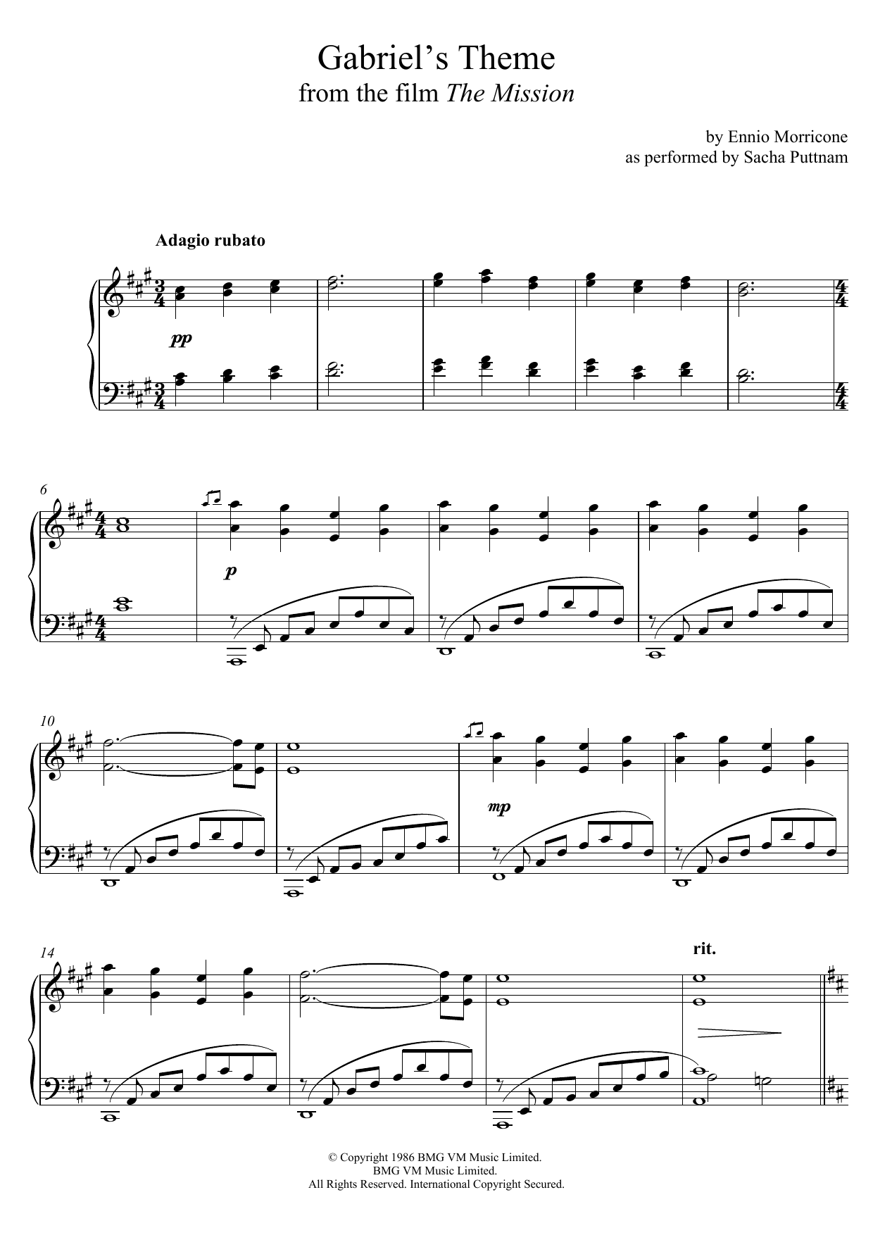 Ennio Morricone Gabriel's Oboe (as performed by Sacha Puttnam) sheet music, chords, lyrics - Printable PDF for Piano
