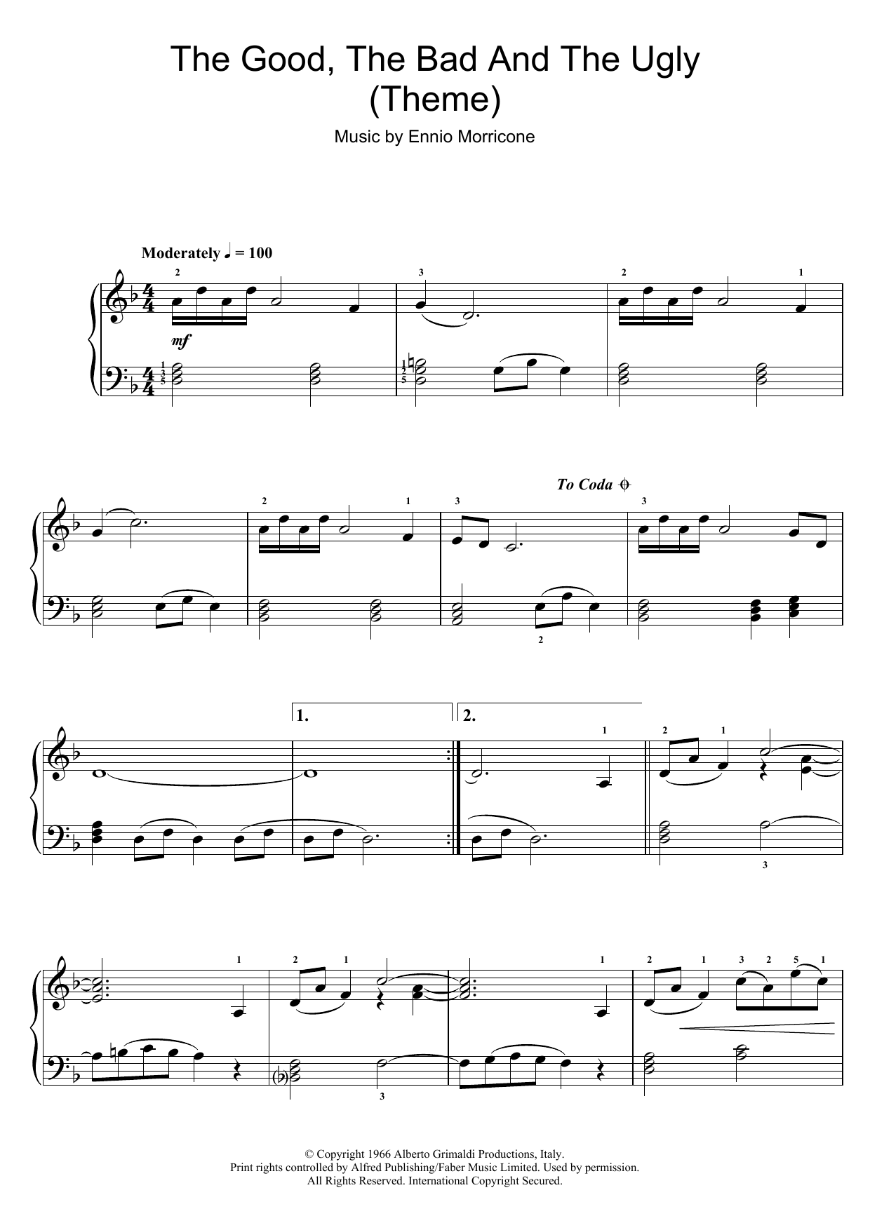 Ennio Morricone The Good, The Bad And The Ugly (Theme) sheet music, chords, lyrics - Printable PDF for Easy Piano