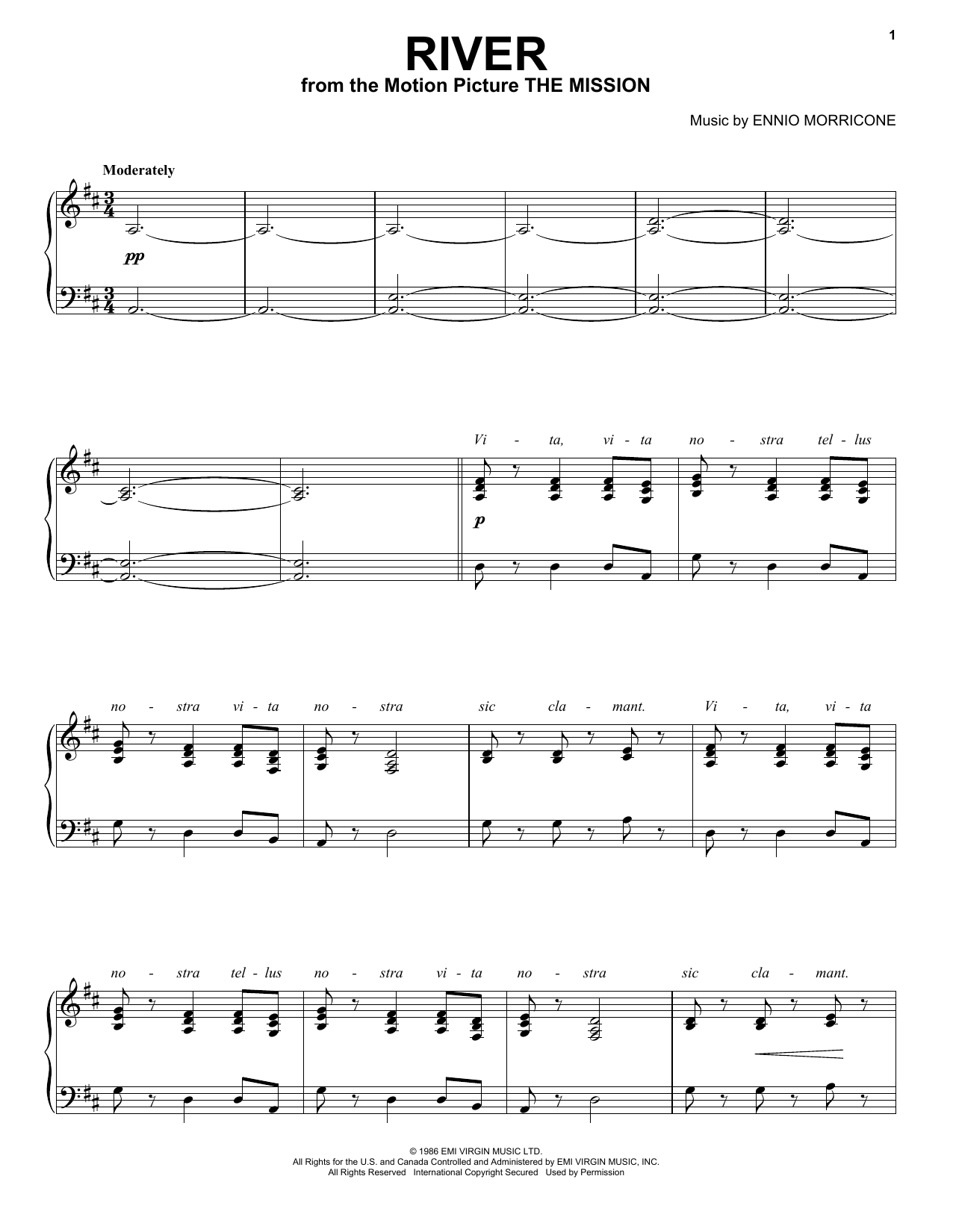 Ennio Morricone River sheet music preview music notes and score for Piano, Vocal & Guitar (Right-Hand Melody) including 3 page(s)