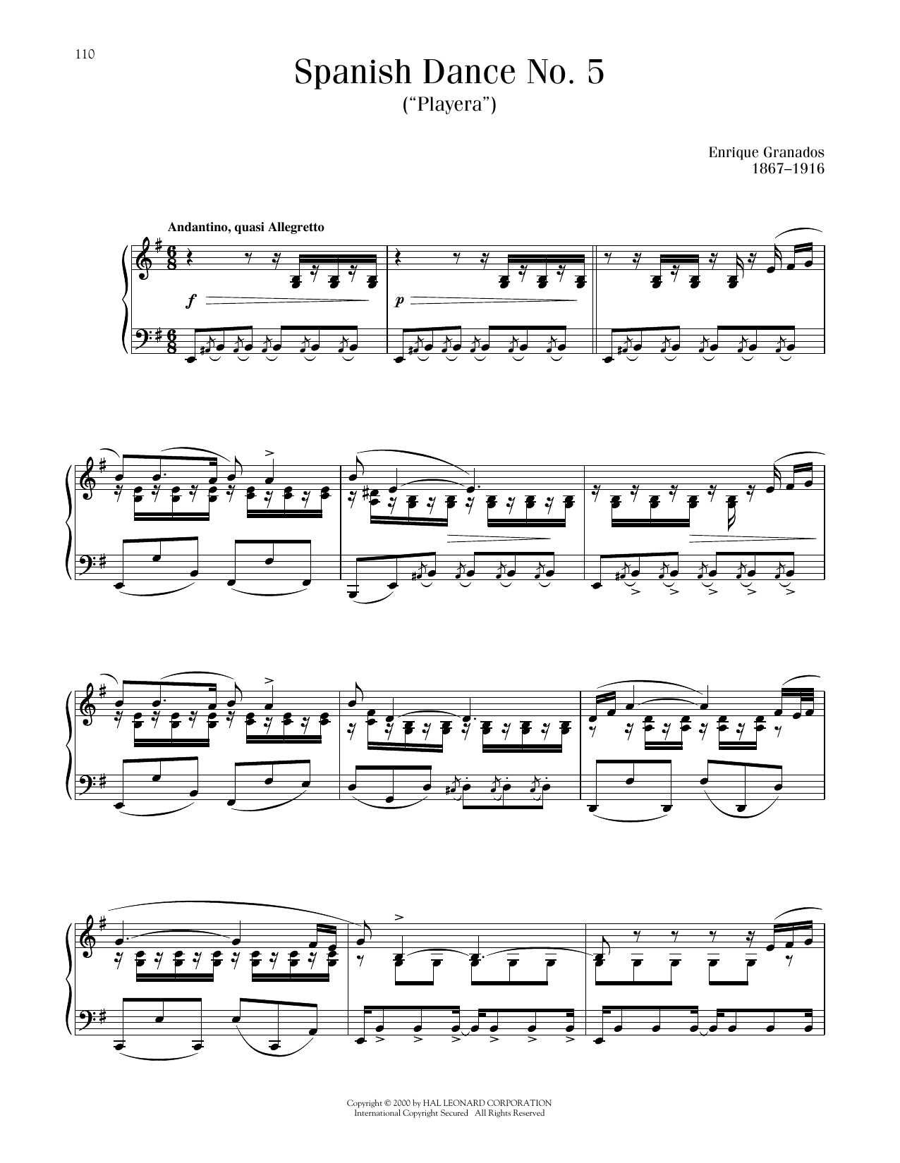 Enrique Granados Playera, Op. 5, No. 5 sheet music, chords, lyrics - Printable PDF for Piano Solo