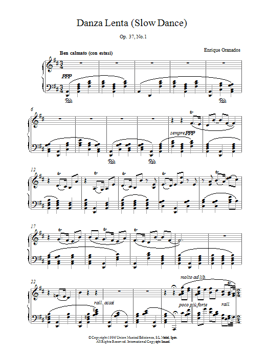 Granados Danza Lenta Op37 No1 sheet music preview music notes and score for Piano including 3 page(s)