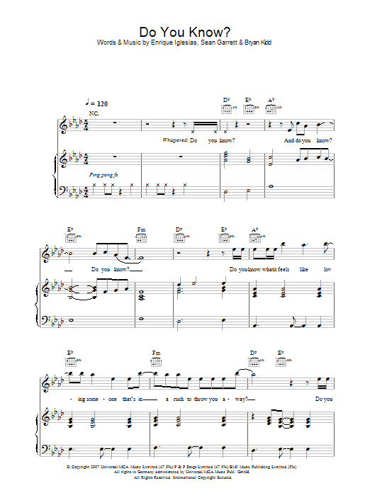 Learn to play Enrique Iglesias Do You Know? sheet music for Piano, Vocal & Guitar in minutes. Enrique Iglesias Do You Know? sheet music preview music notes and score for Piano, Vocal & Guitar including 6 page(s)