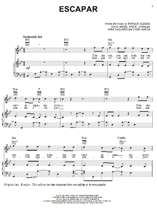 Learn to play Enrique Iglesias Escapar sheet music for Piano, Vocal & Guitar (Right-Hand Melody) in minutes. Enrique Iglesias Escapar sheet music notes and chords