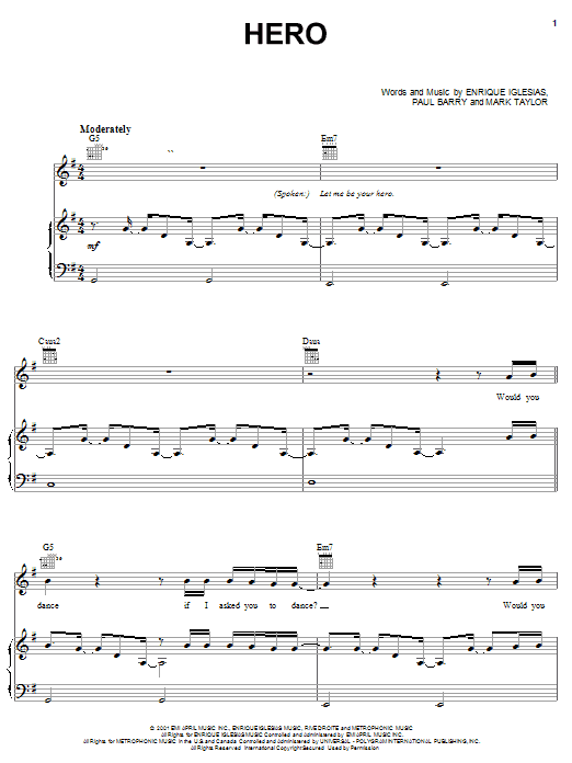 Learn to play Enrique Iglesias Hero sheet music for Piano, Vocal & Guitar (Right-Hand Melody) in minutes. Enrique Iglesias Hero sheet music notes and chords