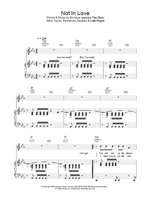 Enrique Iglesias Not In Love sheet music preview music notes and score for Melody Line, Lyrics & Chords including 3 page(s)