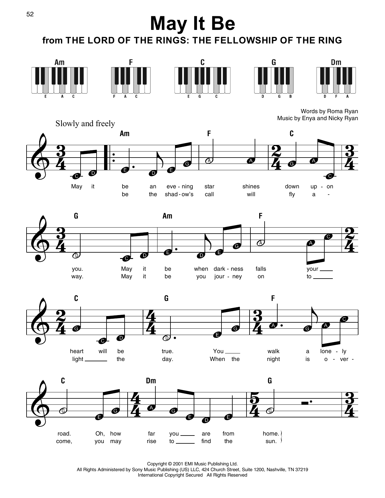 Enya May It Be (from The Lord Of The Rings: The Fellowship Of The Ring) sheet music, chords, lyrics - Printable PDF for Super Easy Piano