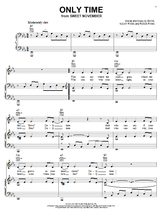 Learn to play Enya Only Time sheet music for Piano, Vocal & Guitar (Right-Hand Melody) in minutes. Enya Only Time sheet music notes and chords