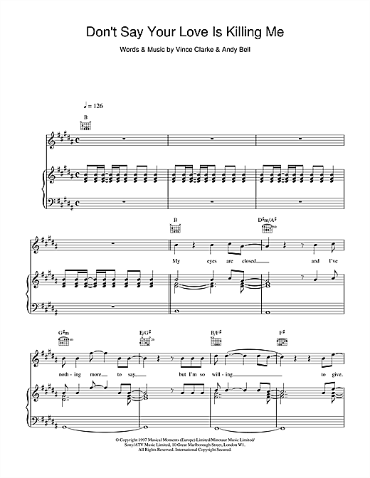 Learn to play Erasure Don't Say Your Love Is Killing Me sheet music for Piano, Vocal & Guitar (Right-Hand Melody) in minutes. Erasure Don't Say Your Love Is Killing Me sheet music notes and chords