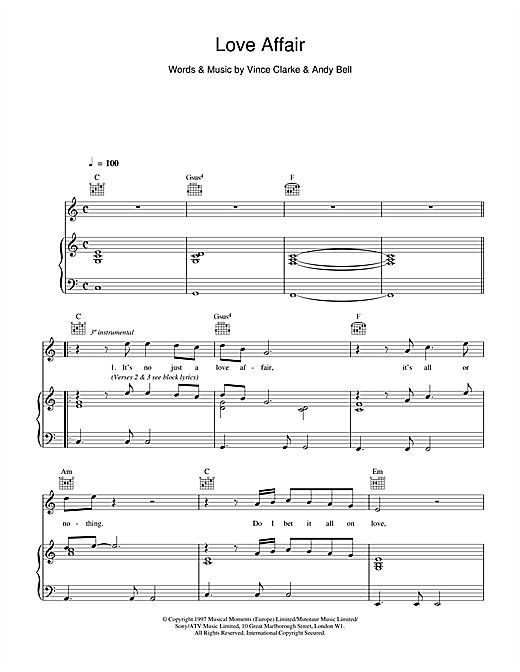Learn to play Erasure Love Affair sheet music for Piano, Vocal & Guitar (Right-Hand Melody) in minutes. Erasure Love Affair sheet music notes and chords