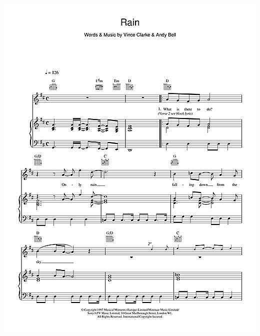 Learn to play Erasure Rain sheet music for Piano, Vocal & Guitar (Right-Hand Melody) in minutes. Erasure Rain sheet music notes and chords