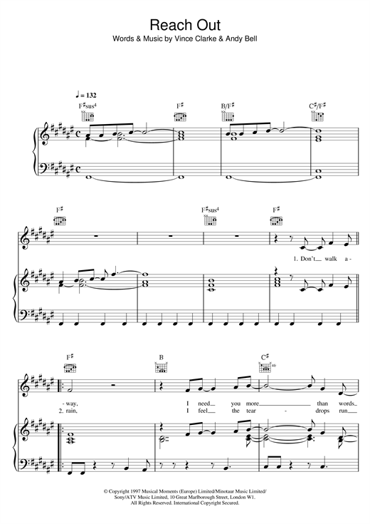 Learn to play Erasure Reach Out sheet music for Piano, Vocal & Guitar (Right-Hand Melody) in minutes. Erasure Reach Out sheet music notes and chords