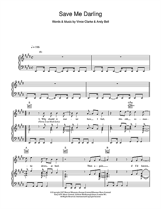 Learn to play Erasure Save Me Darling sheet music for Piano, Vocal & Guitar (Right-Hand Melody) in minutes. Erasure Save Me Darling sheet music notes and chords