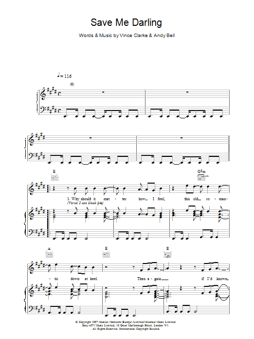 Erasure Save Me Darling sheet music preview music notes and score for Piano, Vocal & Guitar (Right-Hand Melody) including 6 page(s)